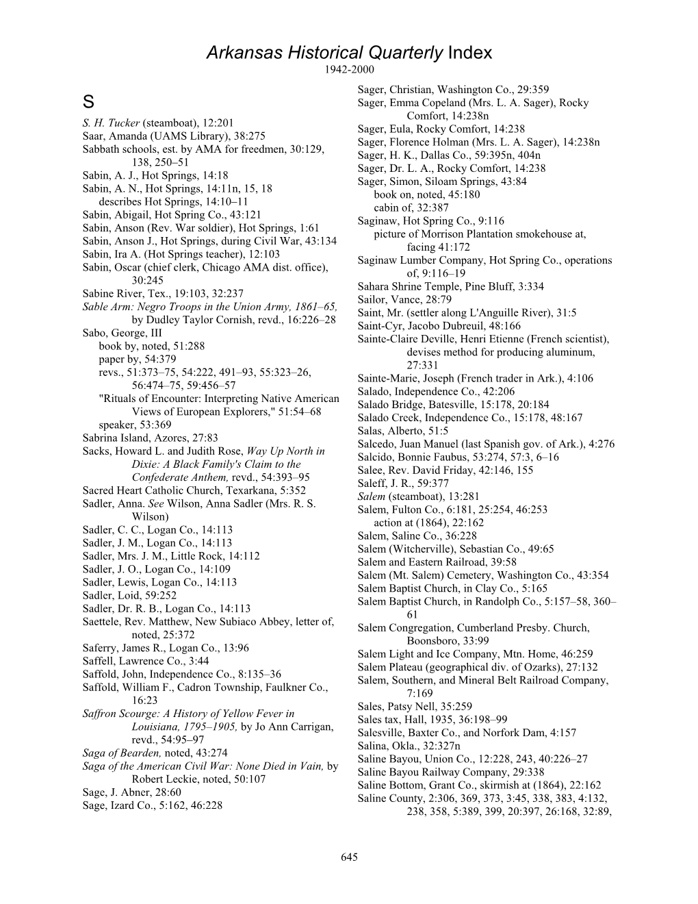 Arkansas Historical Quarterly Index S