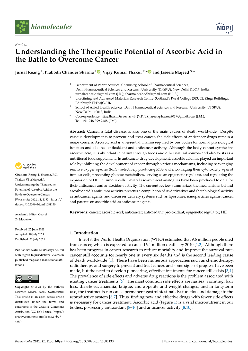 Understanding the Therapeutic Potential of Ascorbic Acid in the Battle to Overcome Cancer