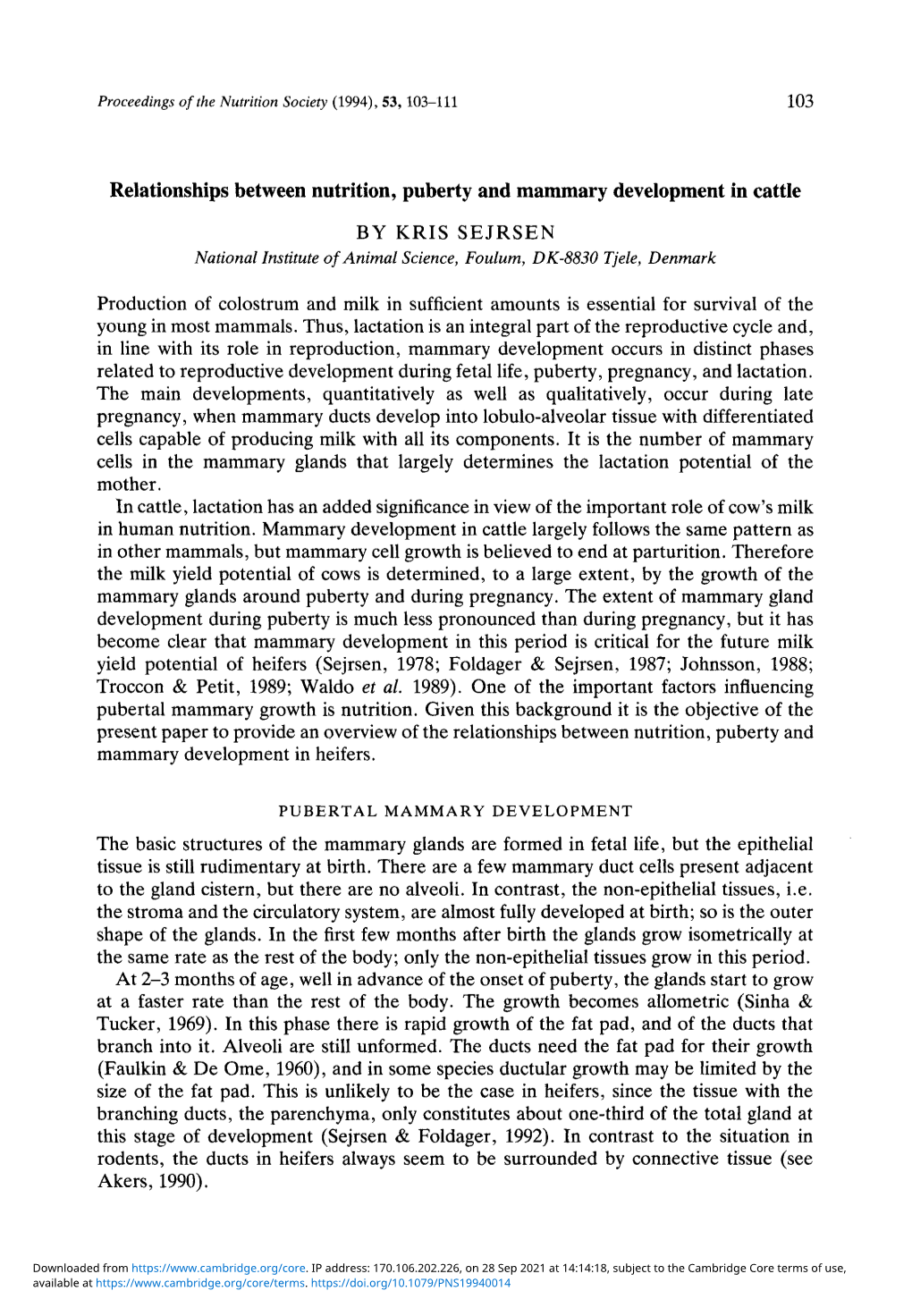 Relationships Between Nutrition, Puberty and Mammary Development in Cattle