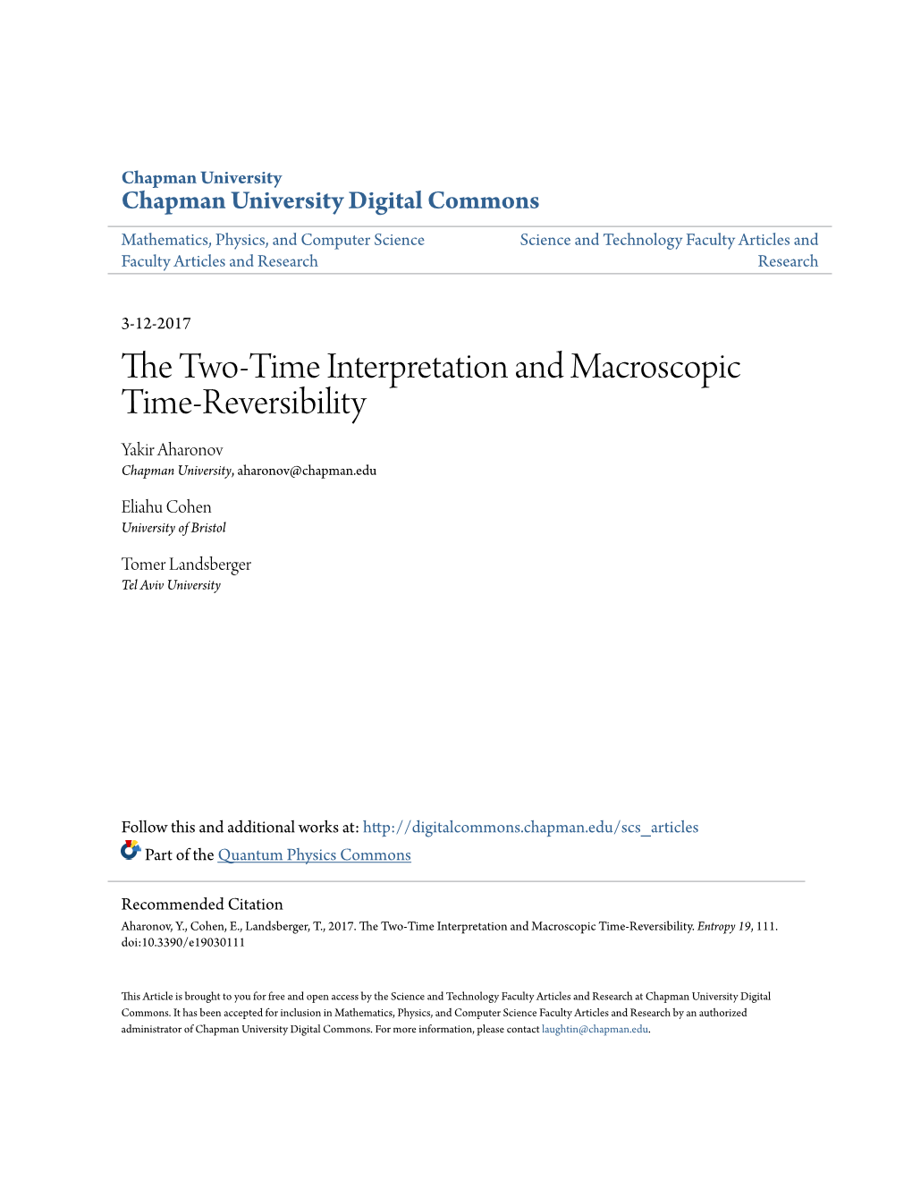 The Two-Time Interpretation and Macroscopic Time-Reversibility