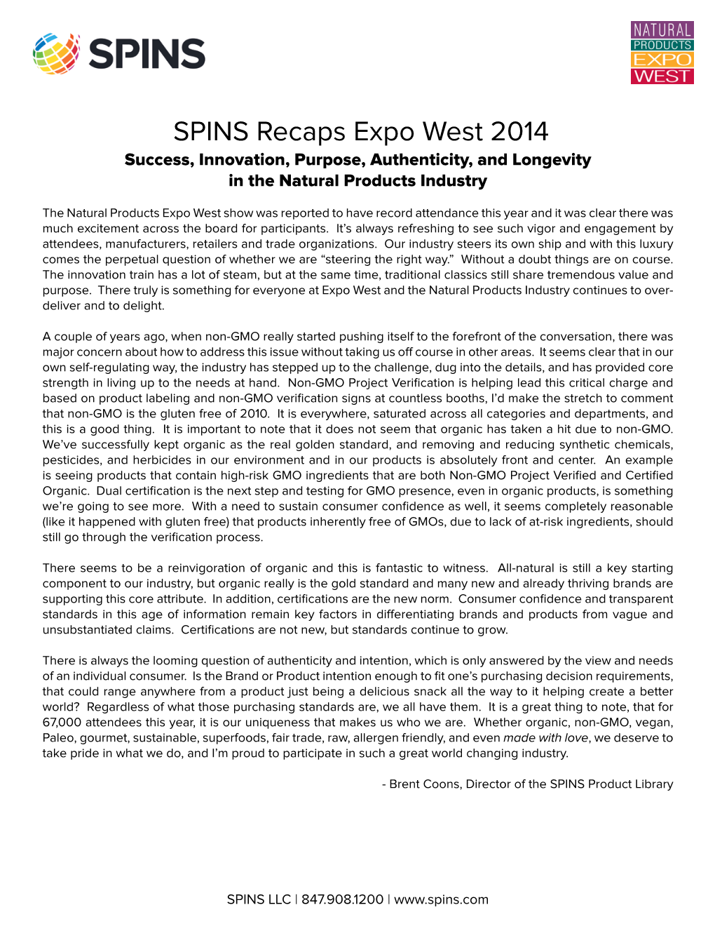 SPINS Recaps Expo West 2014 Success, Innovation, Purpose, Authenticity, and Longevity in the Natural Products Industry