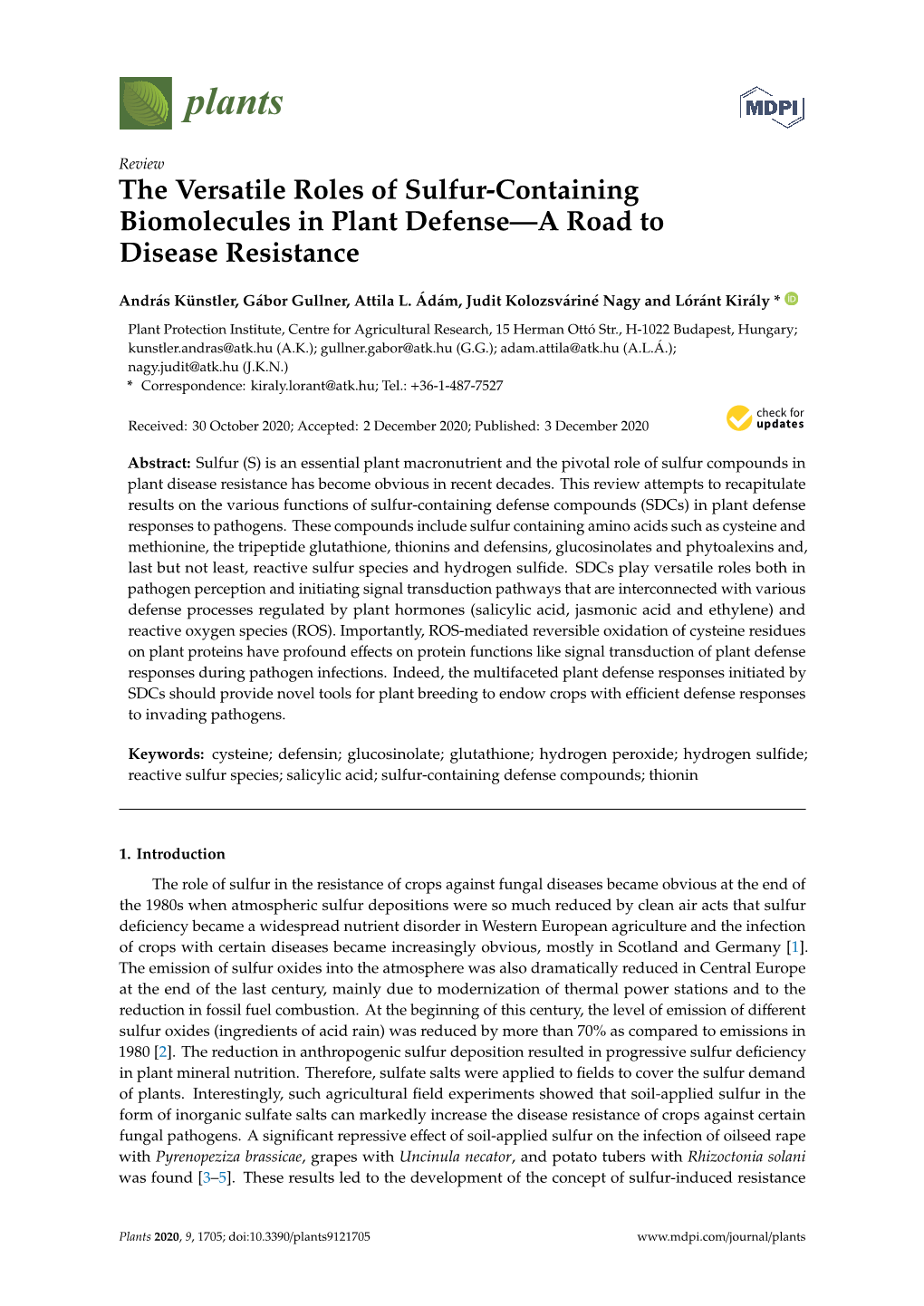 The Versatile Roles of Sulfur-Containing Biomolecules in Plant Defense—A Road to Disease Resistance