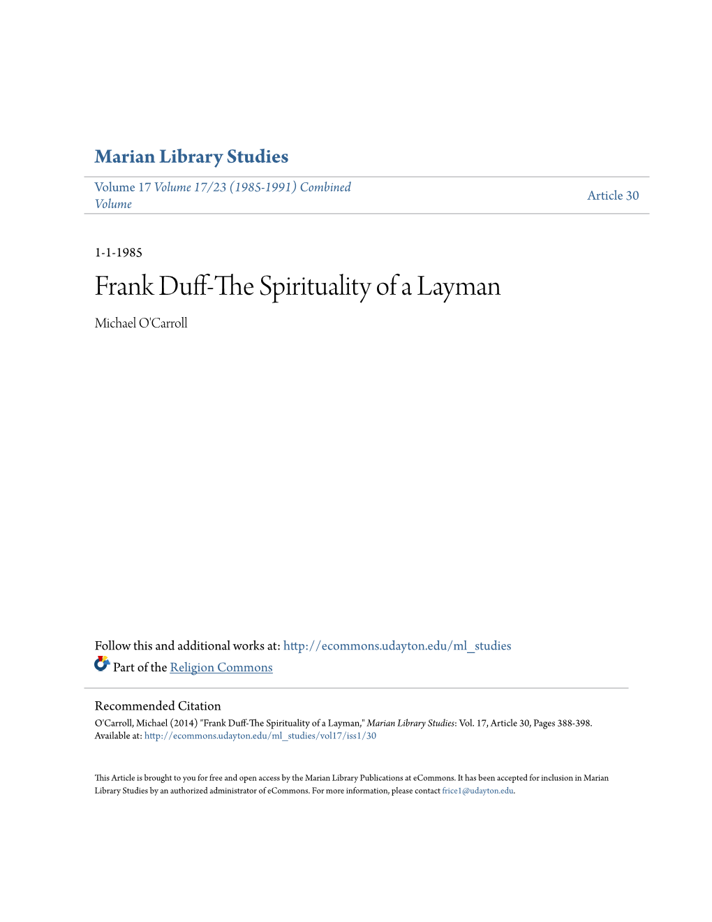 Frank Duff-The Spirituality of a Layman
