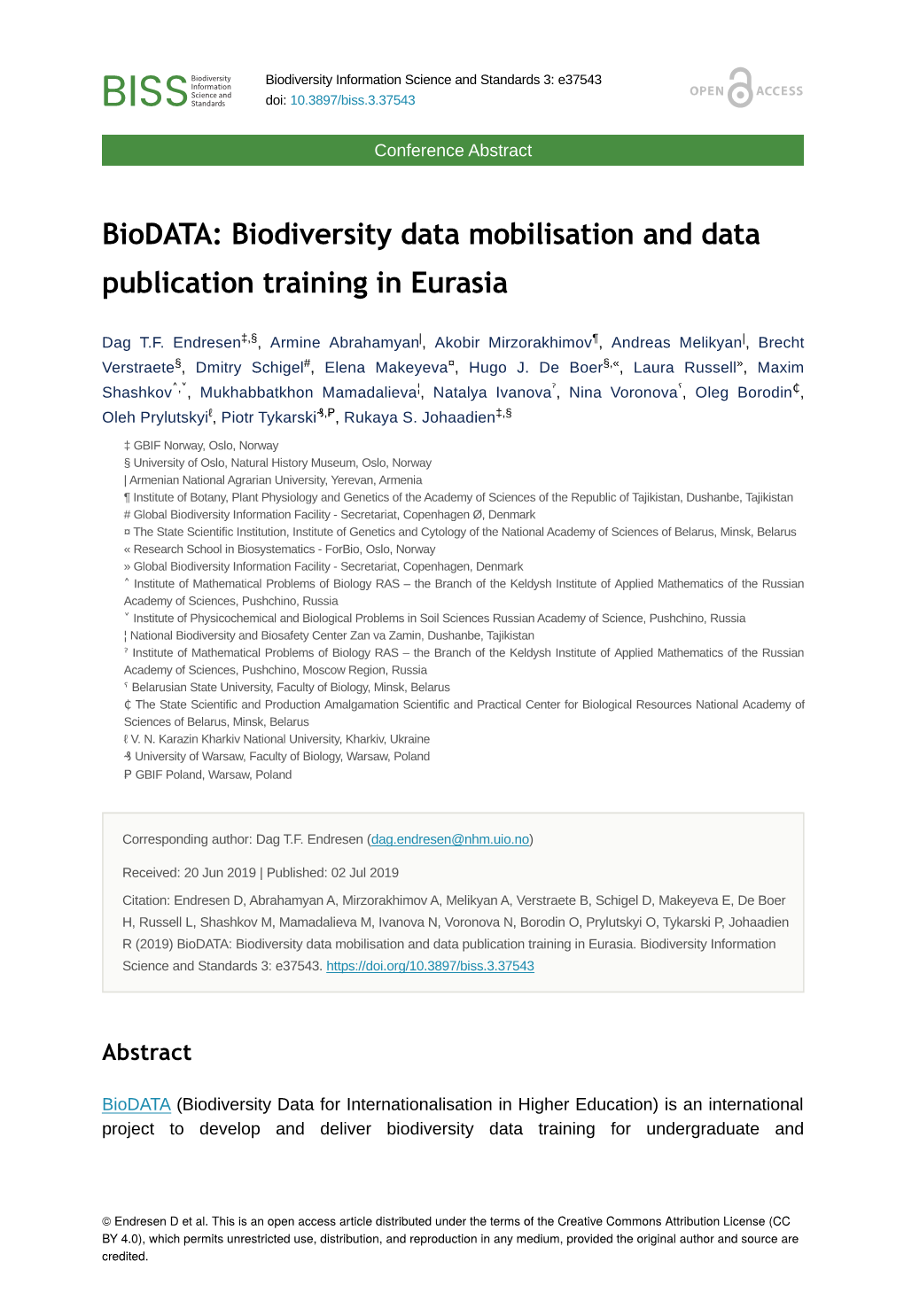 Biodata: Biodiversity Data Mobilisation and Data Publication Training in Eurasia