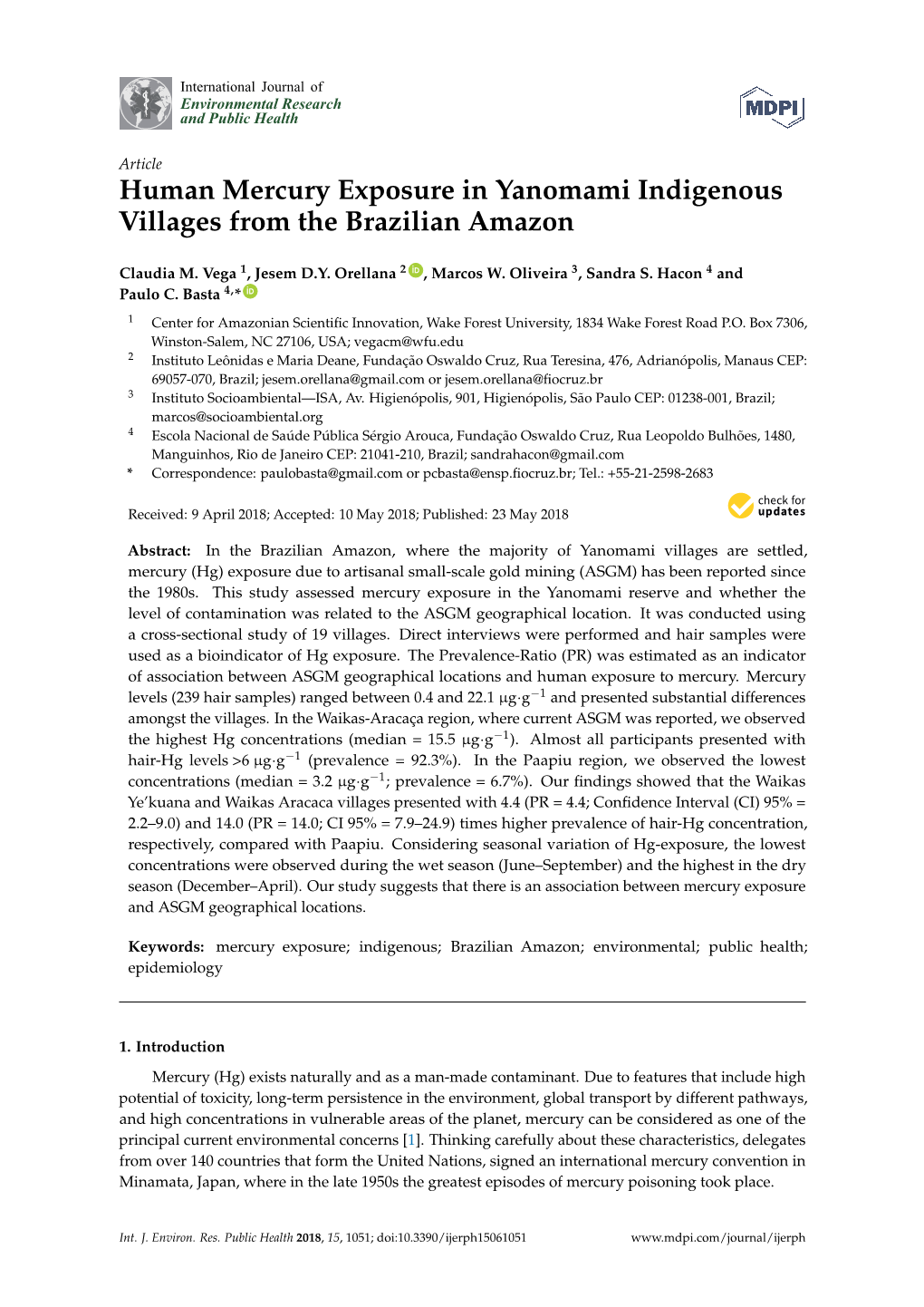 Human Mercury Exposure in Yanomami Indigenous Villages from the Brazilian Amazon