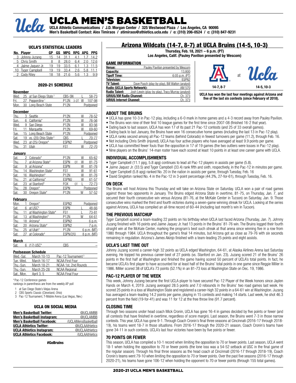 UCLA Men's Basketball UCLA’Sucla Season/Careerseason/CAREER Statistics (As of Feb 15, STATS 2021) 2020-21All Games ROSTER