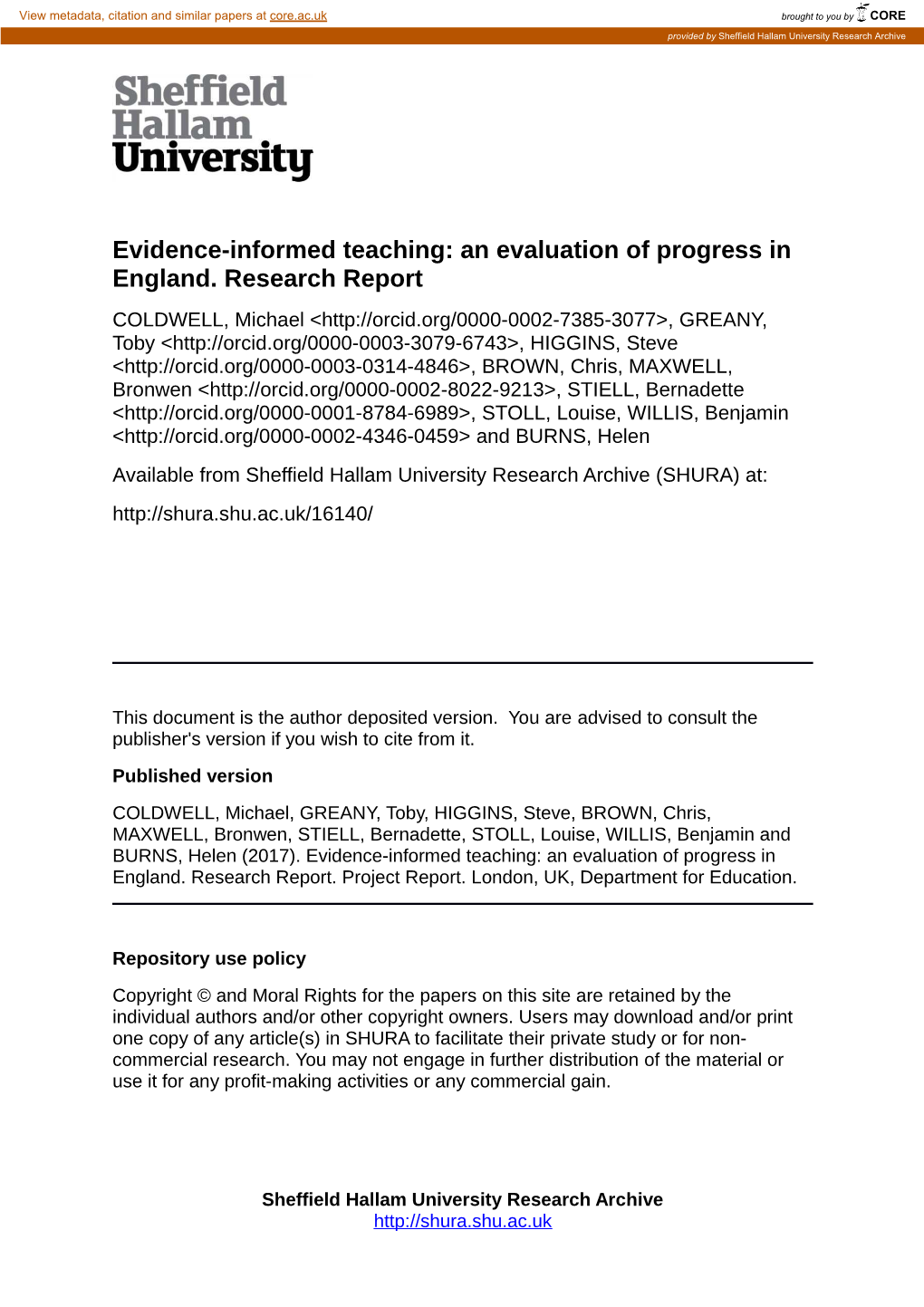 Evidence-Informed Teaching: an Evaluation of Progress in England