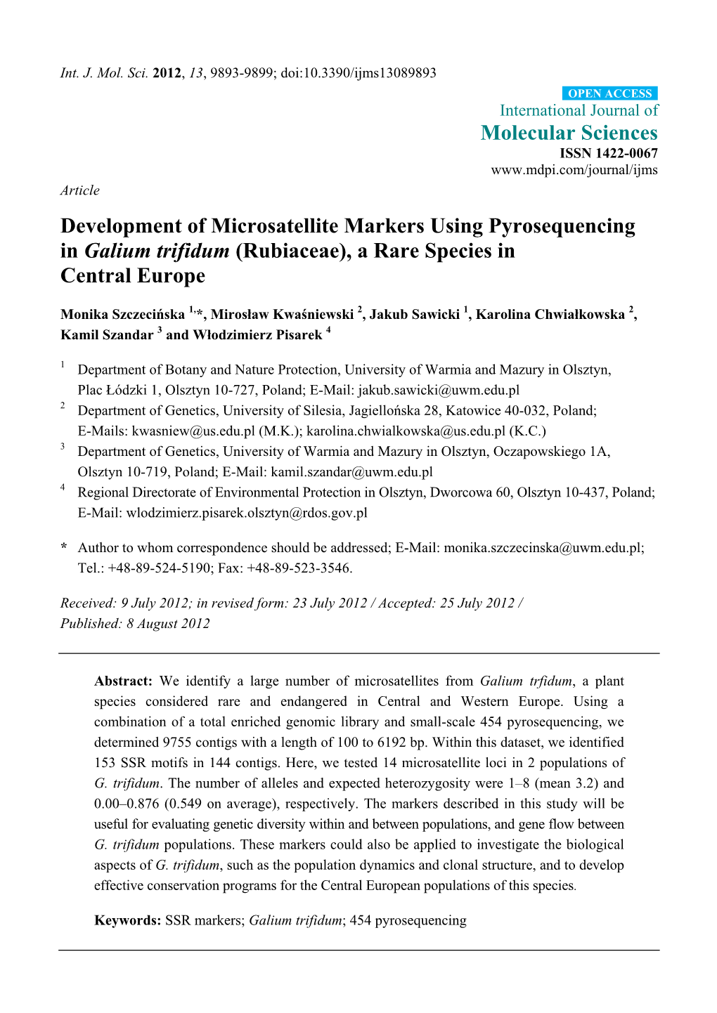 Development of Microsatellite Markers Using Pyrosequencing in Galium Trifidum (Rubiaceae), a Rare Species in Central Europe