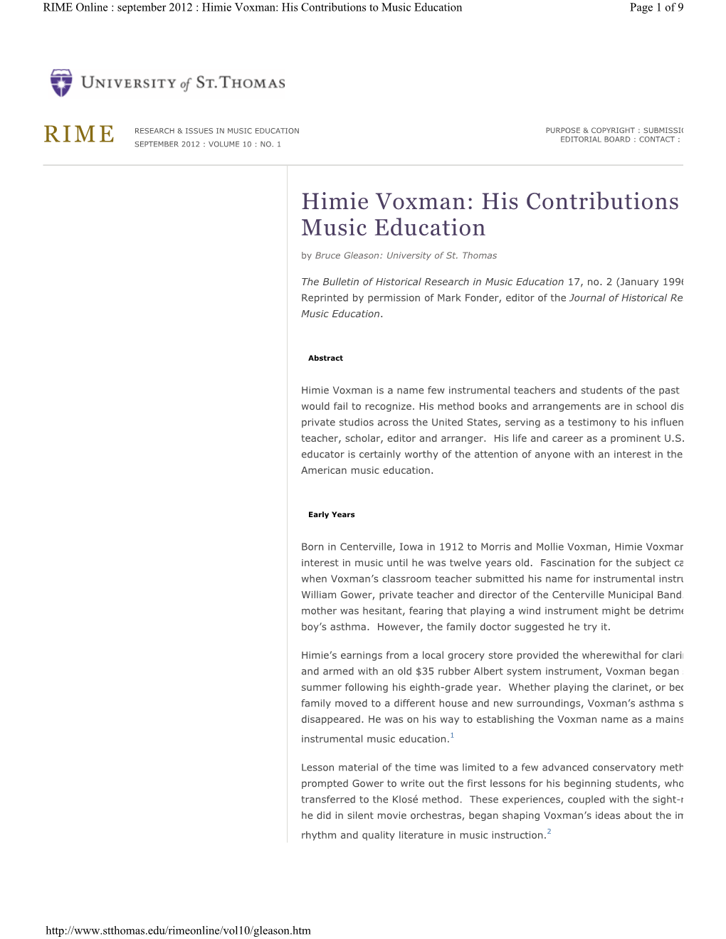 Himie Voxman: His Contributions to Music Education Page 1 of 9