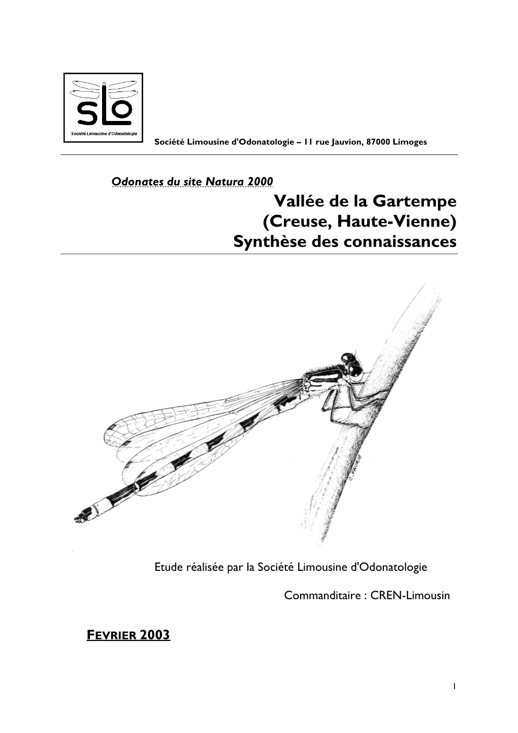 S.L.O., 2003.- Odonates Du Site Natura 2000 Vallée De La Gartempe