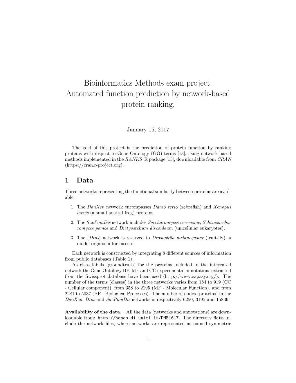 Bioinformatics Methods Exam Project: Automated Function Prediction by Network-Based Protein Ranking