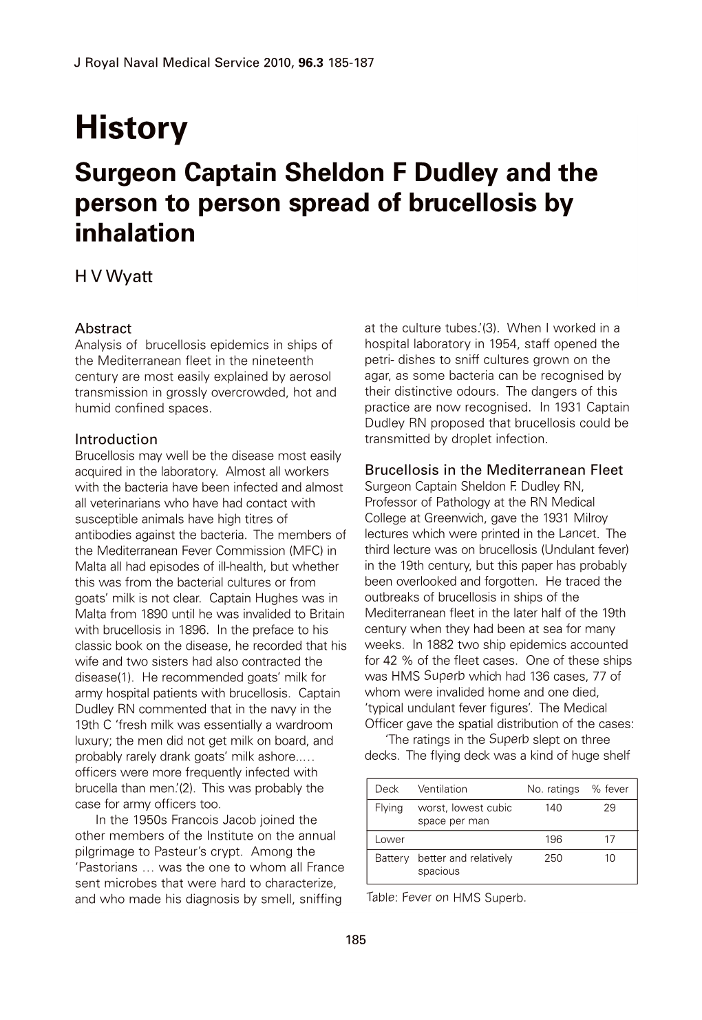 Surgeon Captain Sheldon F Dudley and the Person to Person Spread of Brucellosis by Inhalation