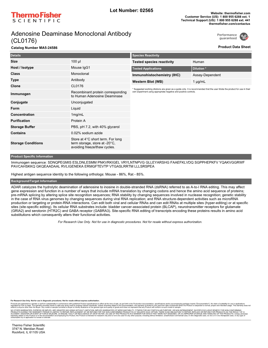 Adenosine Deaminase Monoclonal Antibody (CL0176) Catalog Number MA5-24586 Product Data Sheet