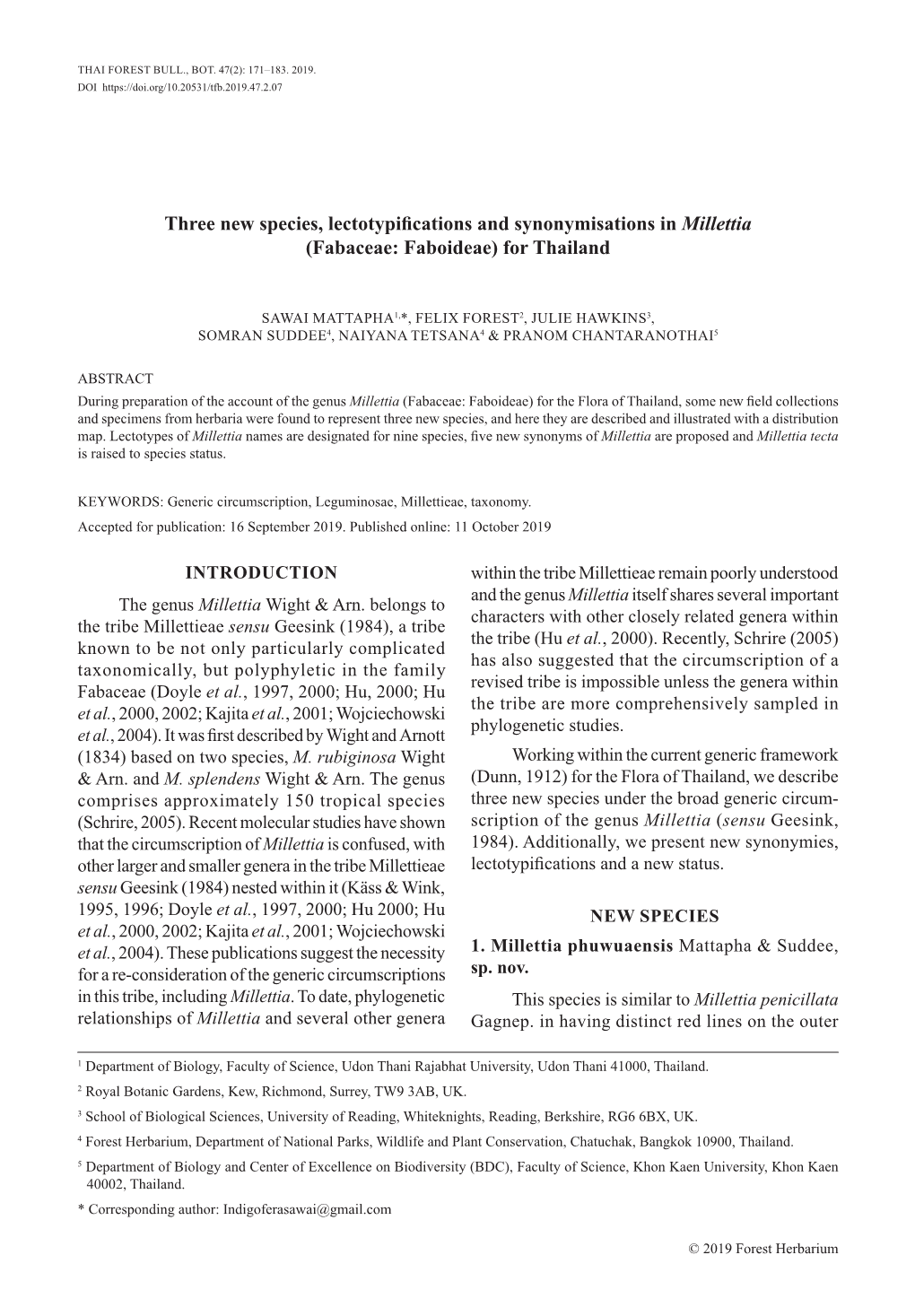 Three New Species, Lectotypifications and Synonymisations in Millettia (Fabaceae: Faboideae) for Thailand