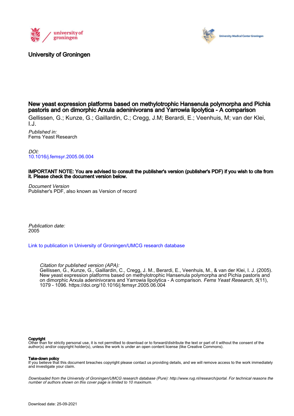 University of Groningen New Yeast Expression Platforms Based On