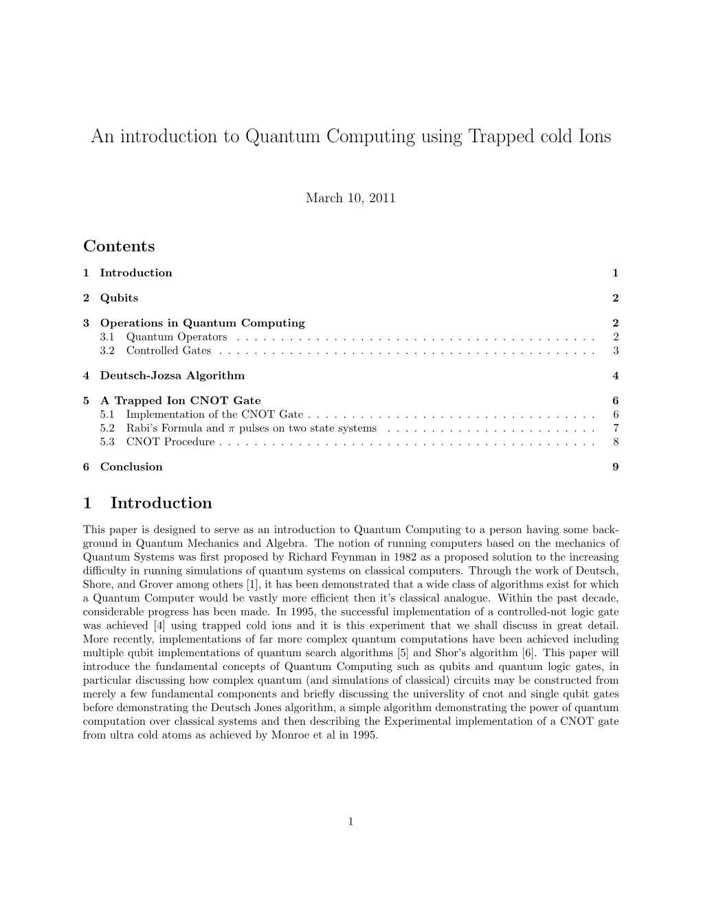 An Introduction to Quantum Computing Using Trapped Cold Ions