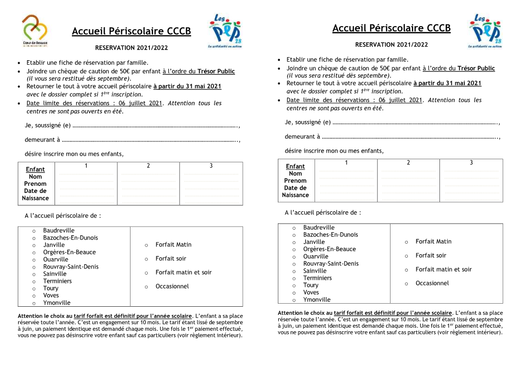 Accueil Périscolaire CCCB Accueil Périscolaire CCCB RESERVATION 2021/2022 RESERVATION 2021/2022