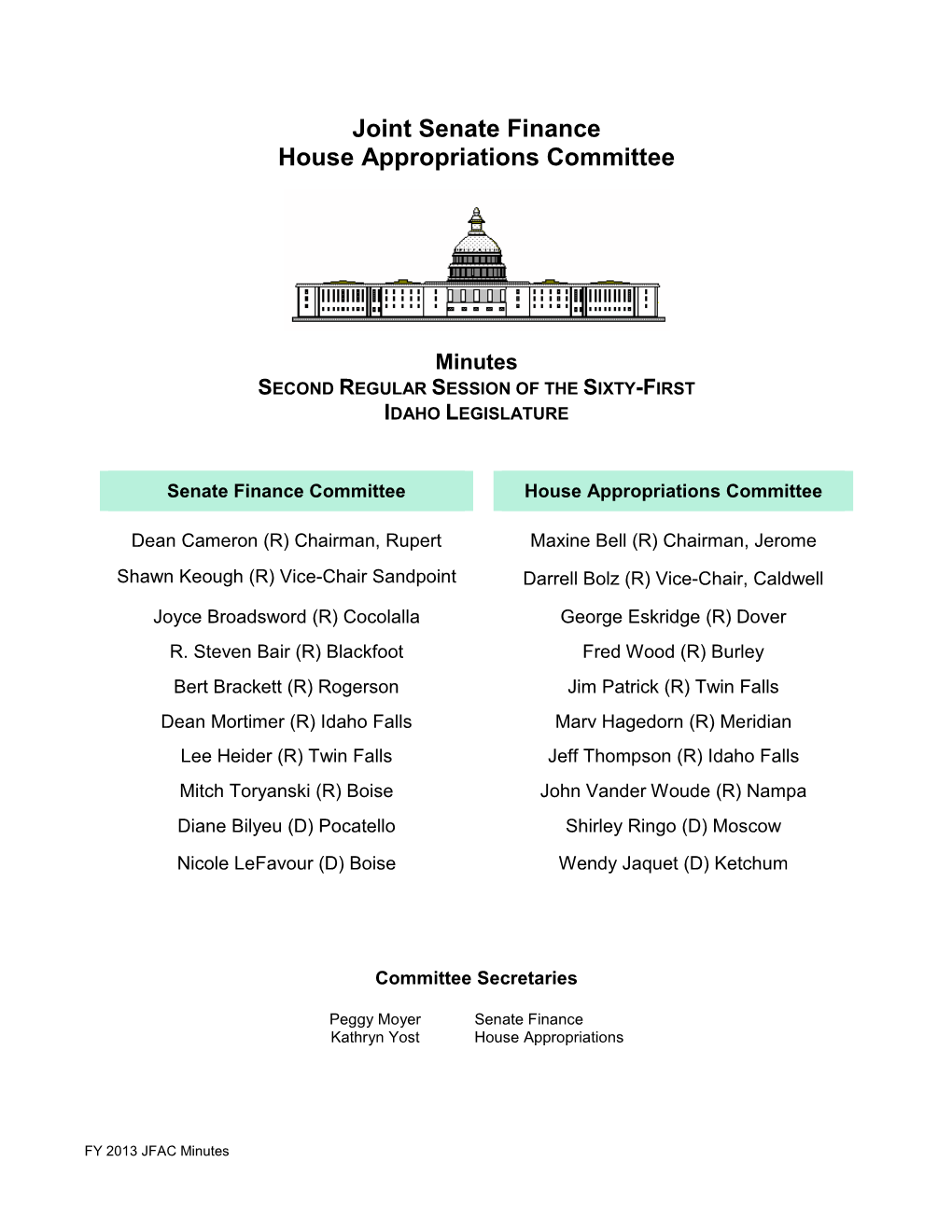 Joint Senate Finance House Appropriations Committee