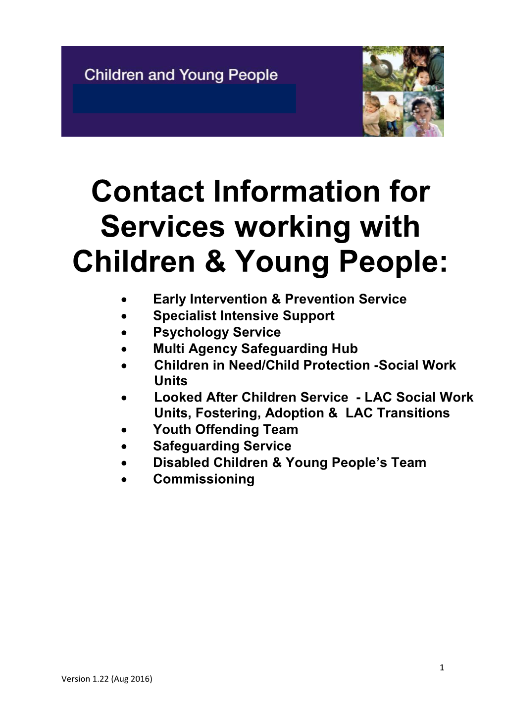 Contact Information for Services Working with Children & Young