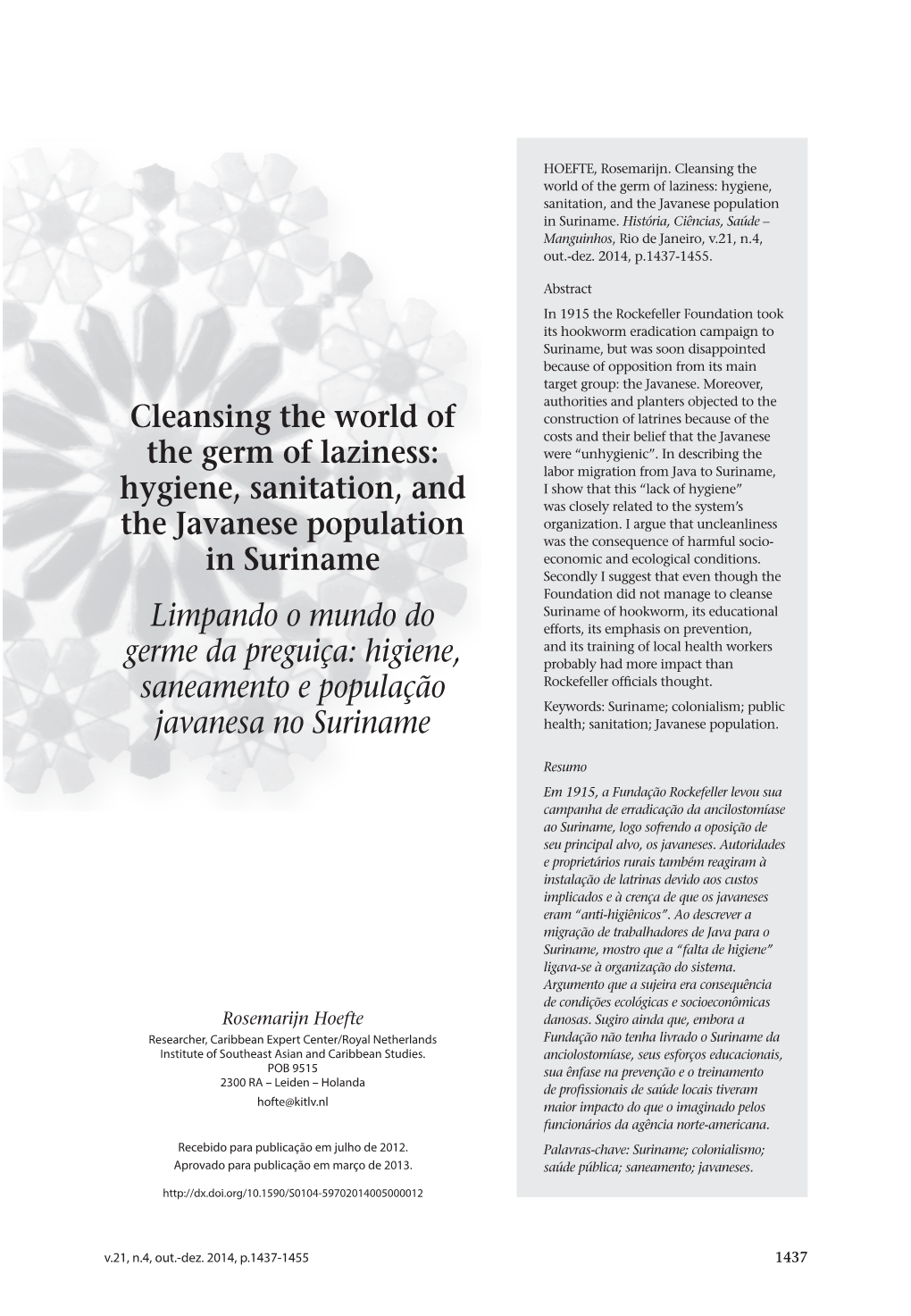 Hygiene, Sanitation, and the Javanese Population in Suriname