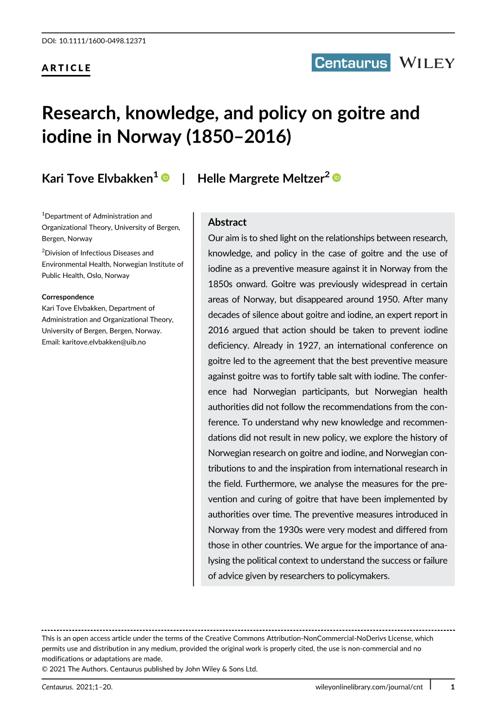 Research, Knowledge, and Policy on Goitre and Iodine in Norway (1850–2016)