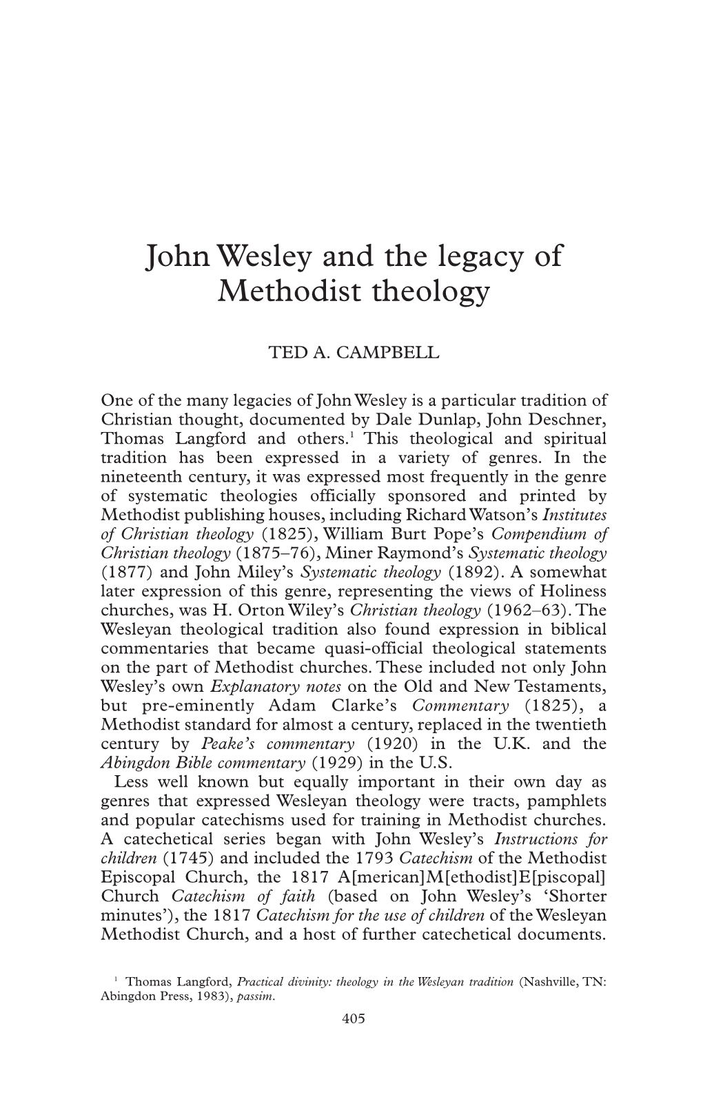 John Wesley and the Legacy of Methodist Theology