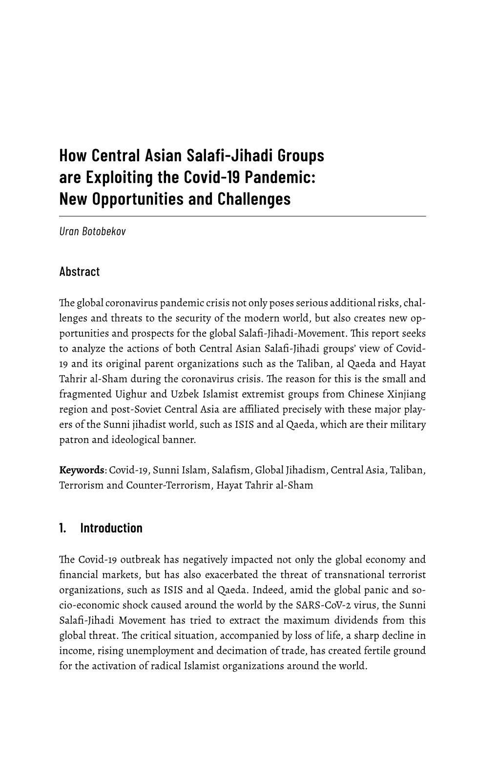 How Central Asian Salafi-Jihadi Groups Are Exploiting the Covid-19 Pandemic: New Opportunities and Challenges