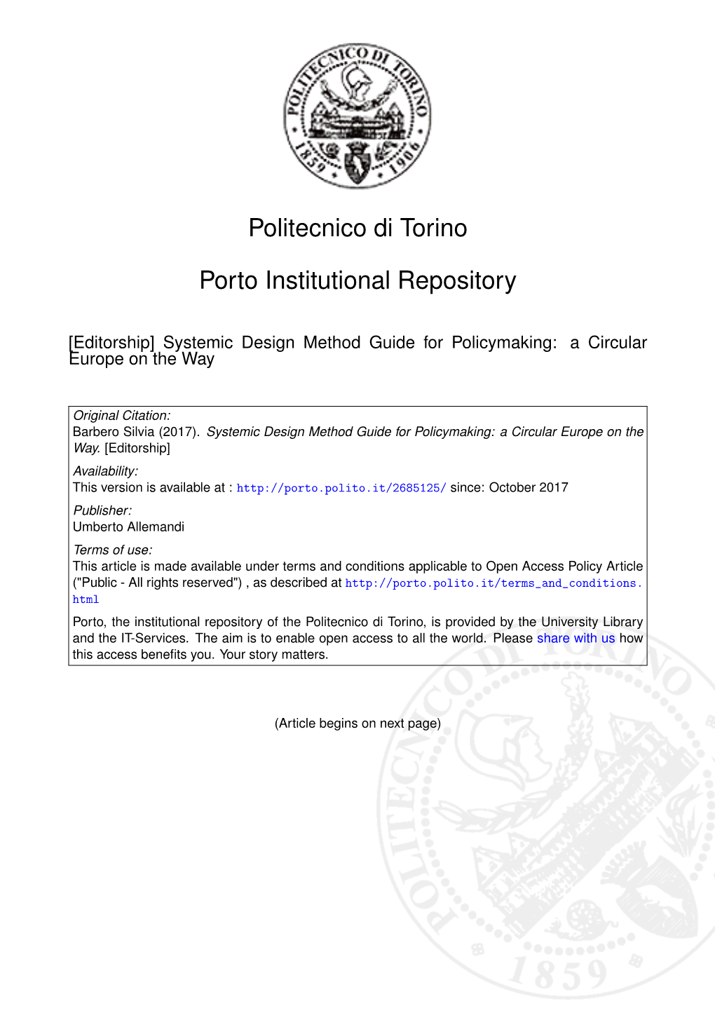 Systemic Design Method Guide for Policymaking: a Circular Europe on the Way