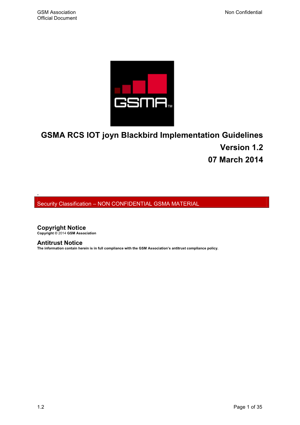 GSMA RCS IOT Joyn Blackbird Implementation Guidelines Version 1.2 07 March 2014