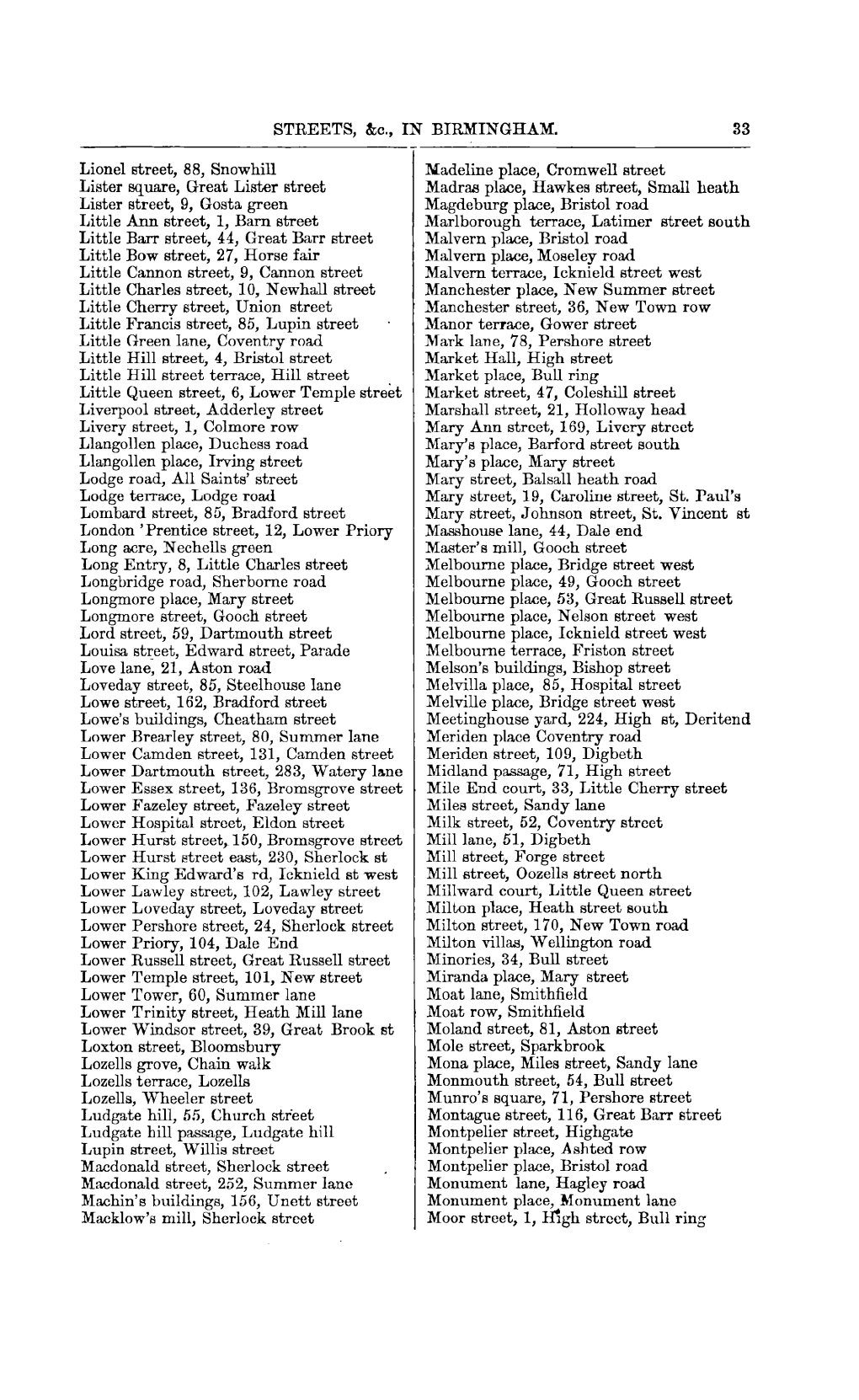 STREETS, &C., in BIRMINGHAM. 33 Lionel Street, 88, Snowhill Lister