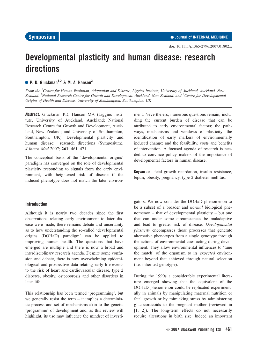 Developmental Plasticity and Human Disease: Research Directions