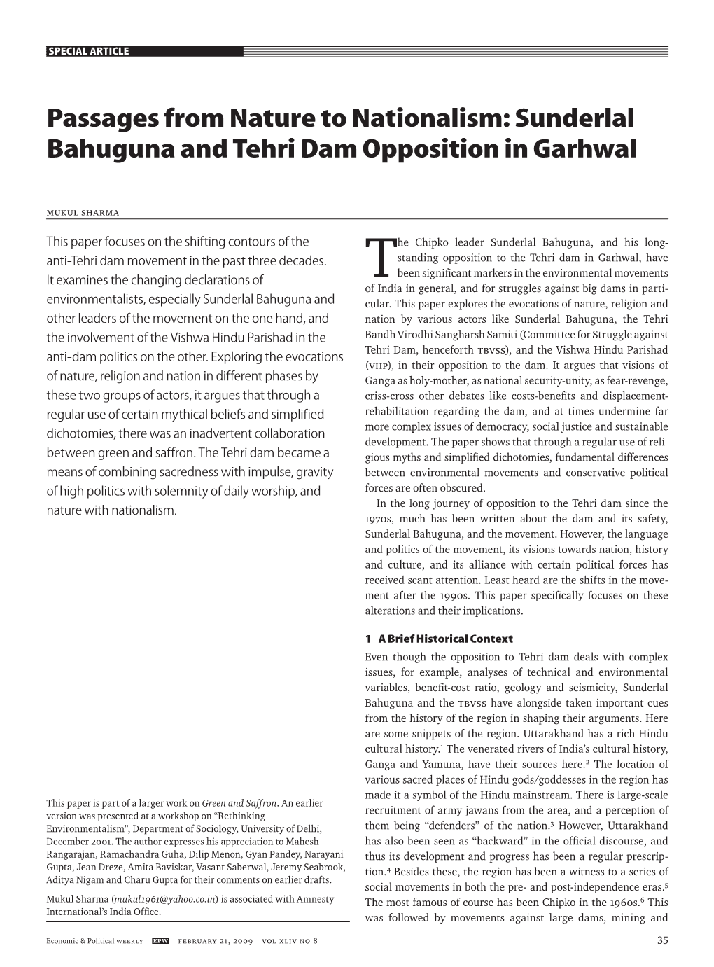 Passages from Nature to Nationalism: Sunderlal Bahuguna and Tehri Dam Opposition in Garhwal