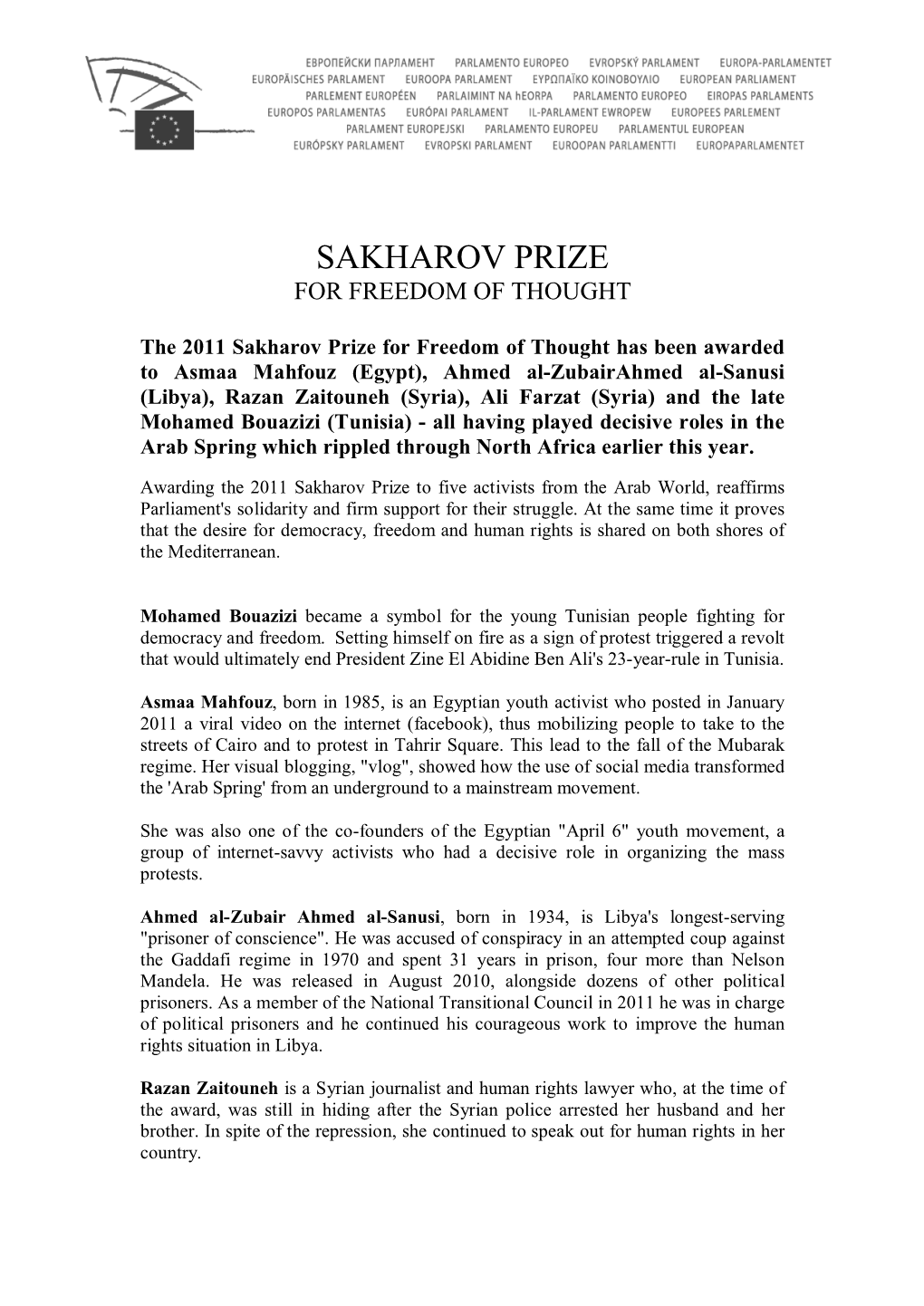 Sakharov Prize for Freedom of Thought