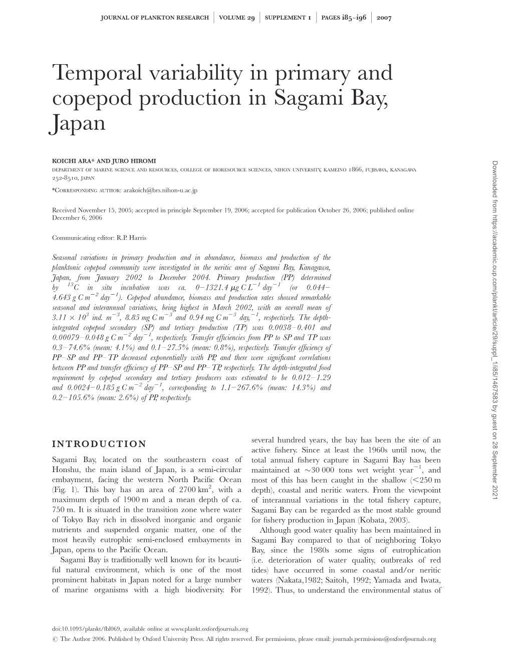 Temporal Variability in Primary and Copepod Production in Sagami Bay, Japan