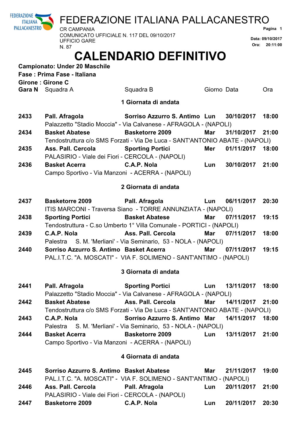 CALENDARIO DEFINITIVO Campionato: Under 20 Maschile Fase : Prima Fase - Italiana Girone : Girone C Gara N Squadra a Squadra B Giorno Data Ora