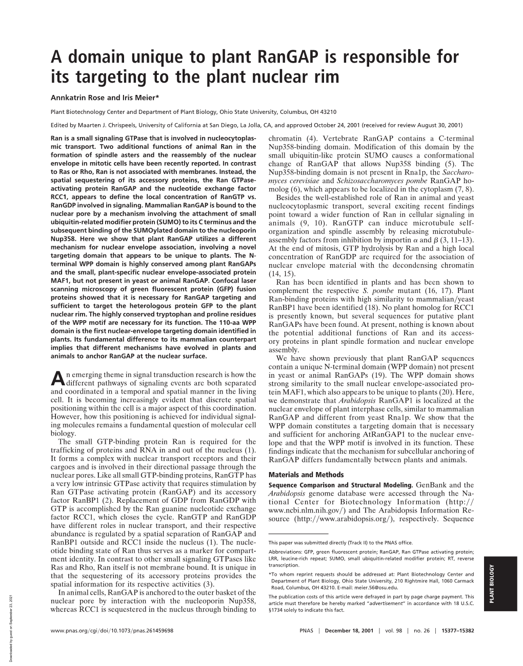 A Domain Unique to Plant Rangap Is Responsible for Its Targeting to the Plant Nuclear Rim