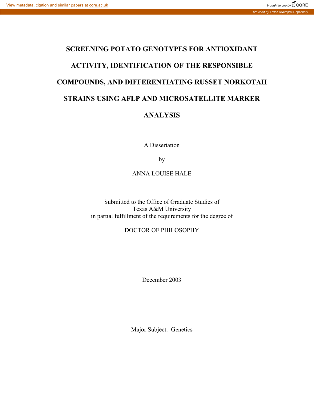 Screening Potato Genotypes for Antioxidant Activity, Identification of the Responsible