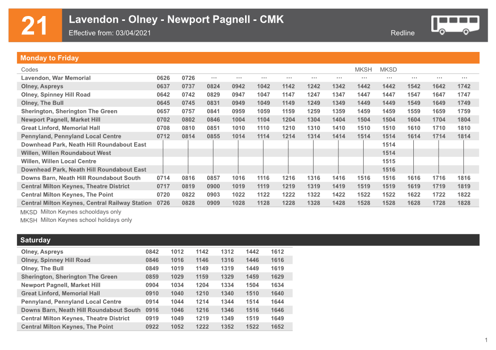 Lavendon - Olney - Newport Pagnell - CMK 21 Effective From: 03/04/2021 Redline