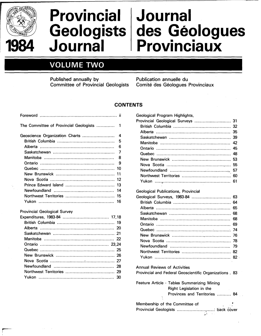 Provincial Geologists I984 J Ou Rna I Journal Des Geologues Provinciaux