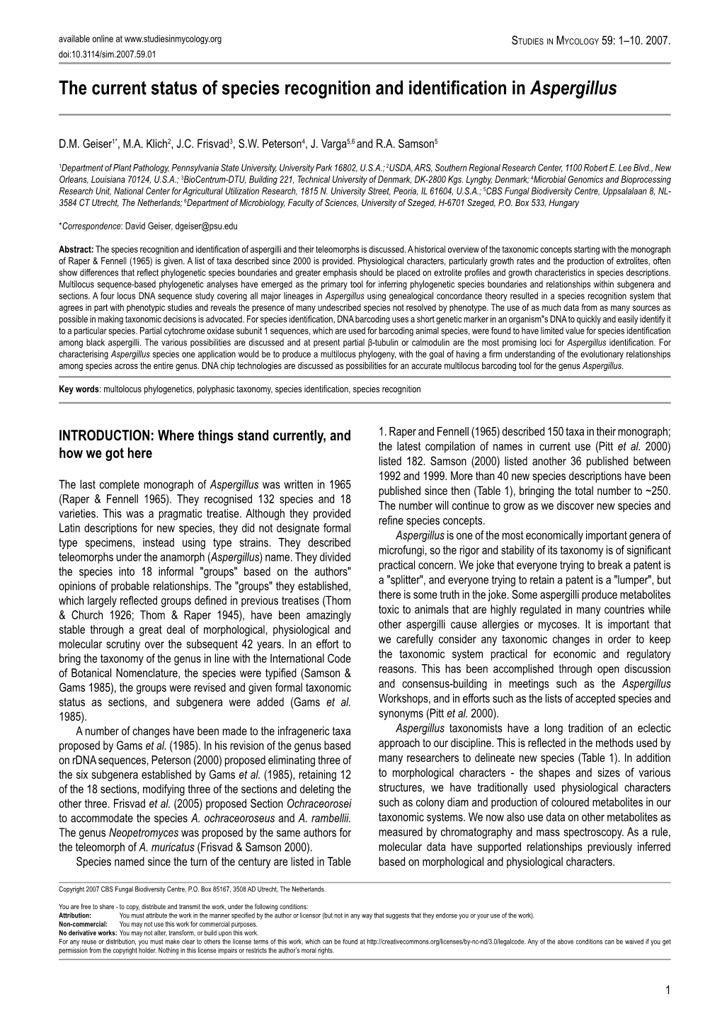 The Current Status of Species Recognition and Identification in Aspergillus