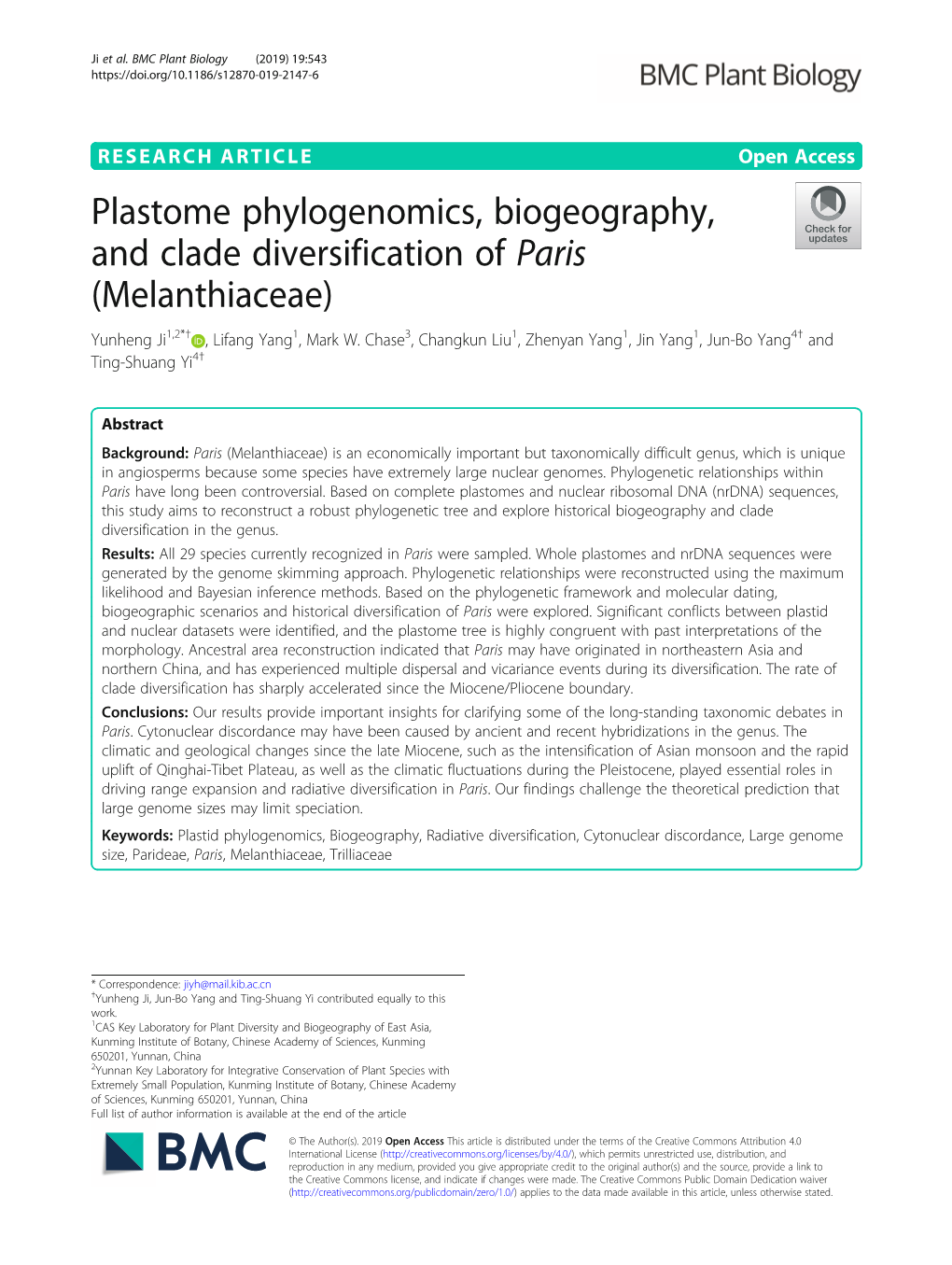 Plastome Phylogenomics, Biogeography, and Clade Diversification of Paris (Melanthiaceae) Yunheng Ji1,2*† , Lifang Yang1, Mark W