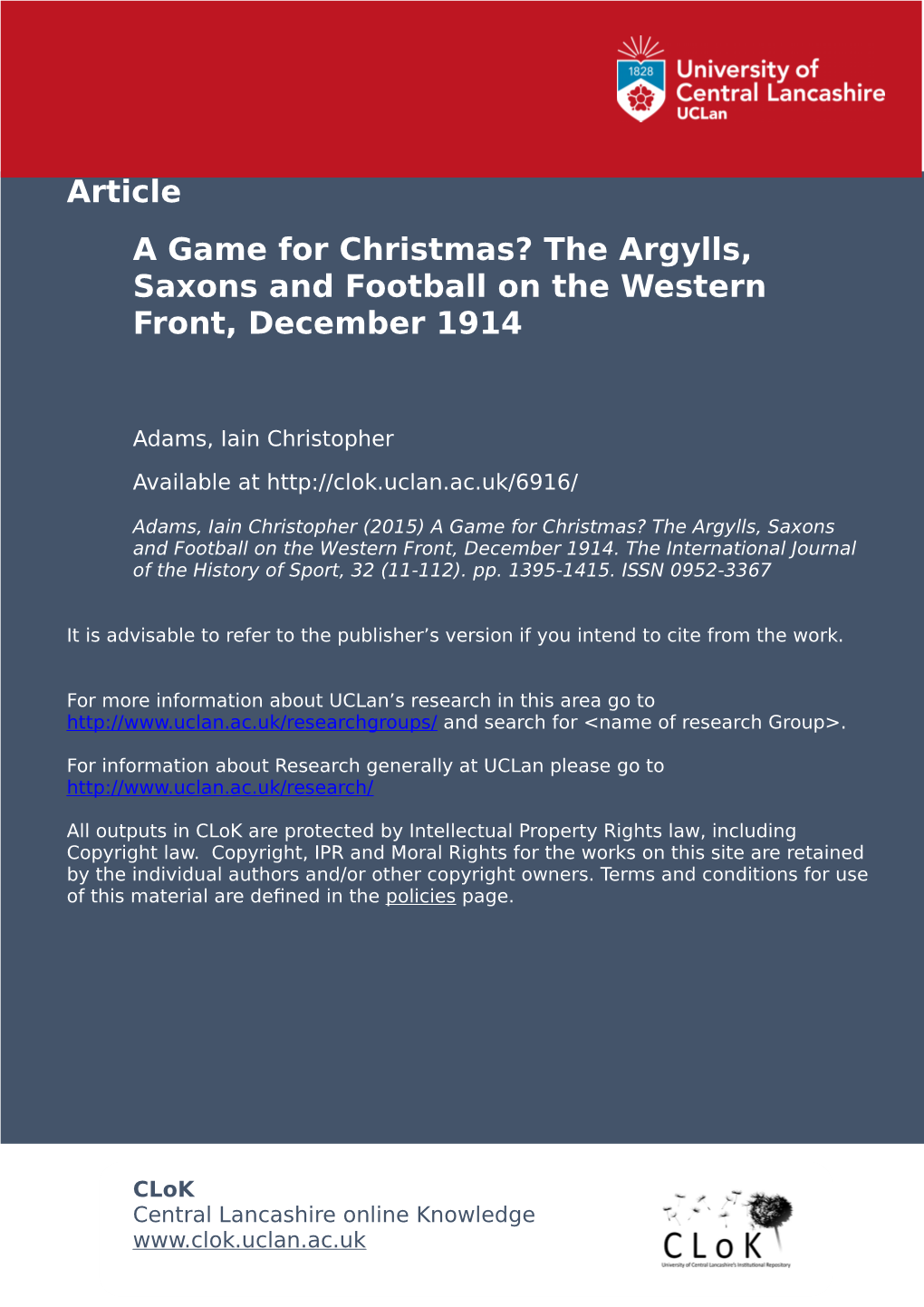 1 a Game for Christmas? the Argylls, Saxons and Football on The