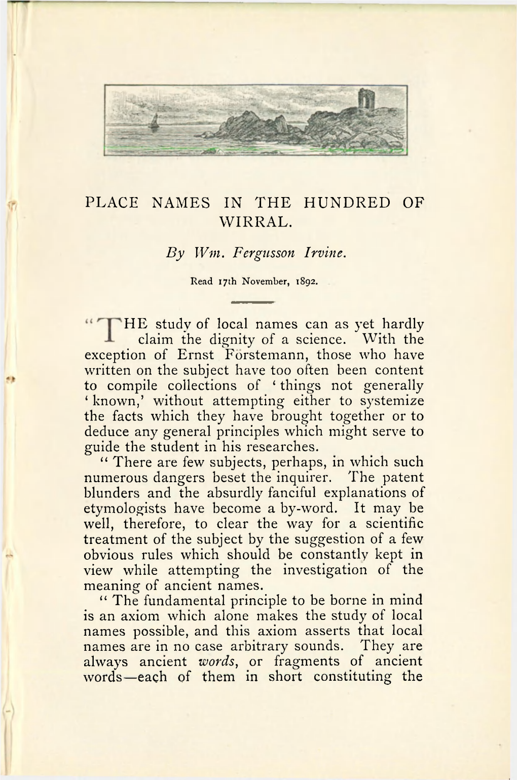 PLACE NAMES in the HUNDRED of WIRRAL. by Wm. Fergusson