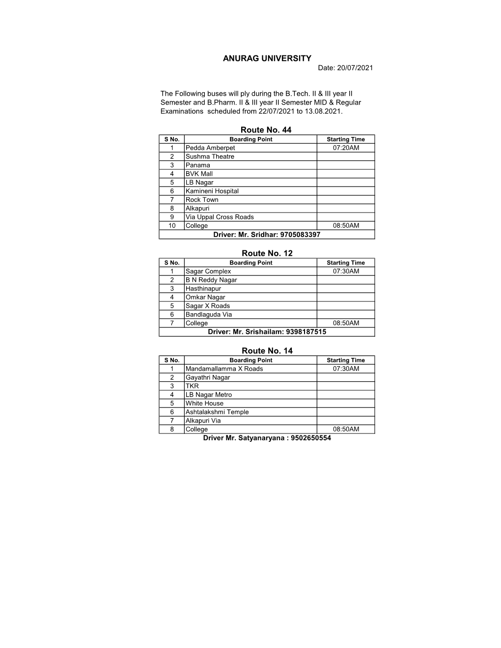 College Bus Facility for MID & Regular Exams from 22/07/2021 to 13/08/2021