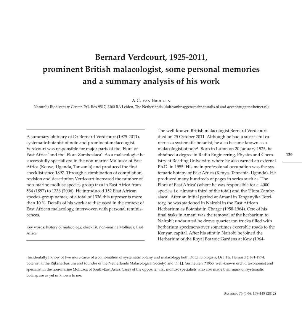 Bernard Verdcourt, 1925-2011, Prominent British Malacologist, Some Personal Memories and a Summary Analysis of His Work