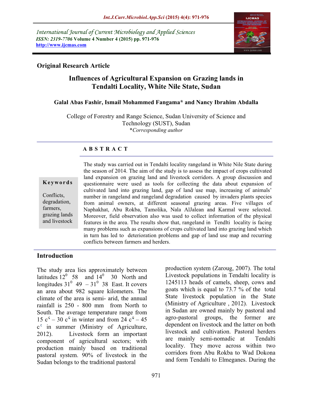 Influences of Agricultural Expansion on Grazing Lands in Tendalti Locality, White Nile State, Sudan