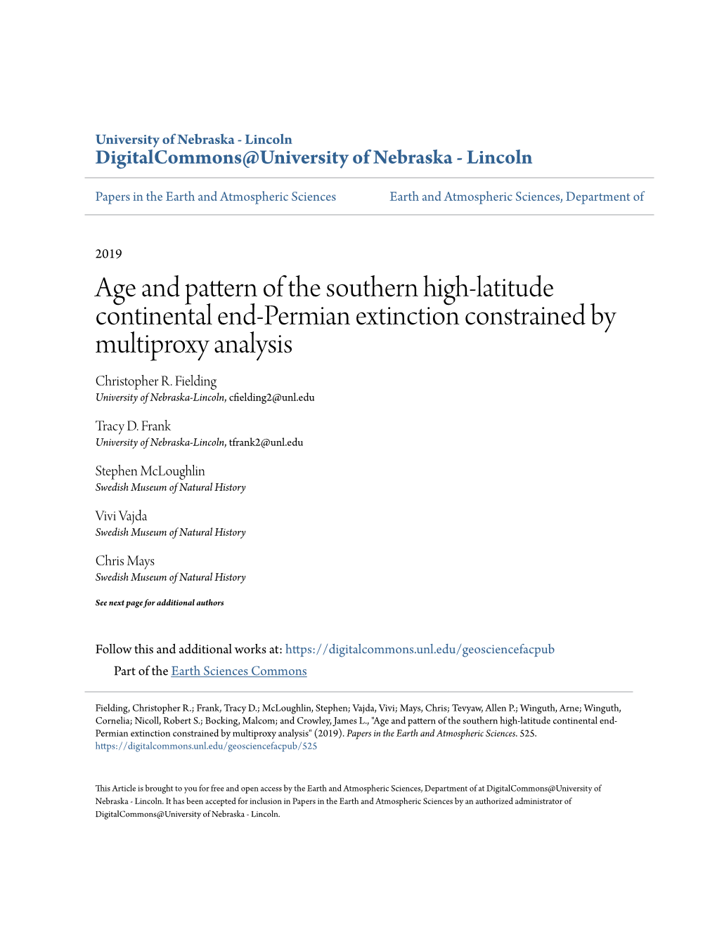 Age and Pattern of the Southern High-Latitude Continental End-Permian Extinction Constrained by Multiproxy Analysis Christopher R