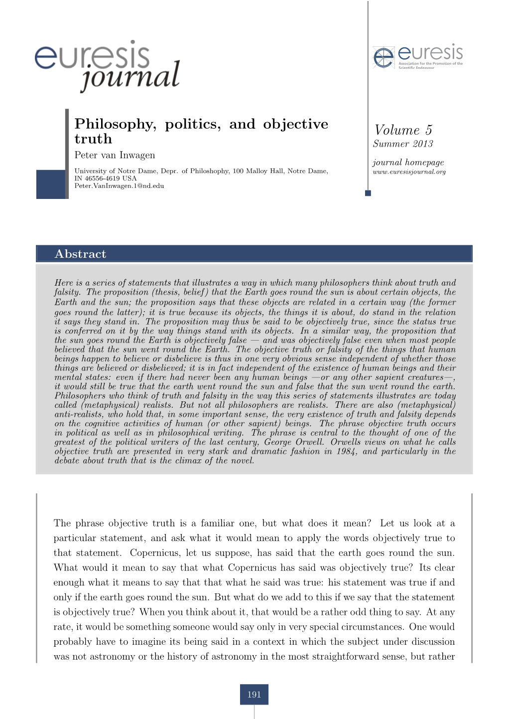 Philosophy, Politics, and Objective Truth Volume 5 Summer 2013 Something Like Method in the History of Astronomy