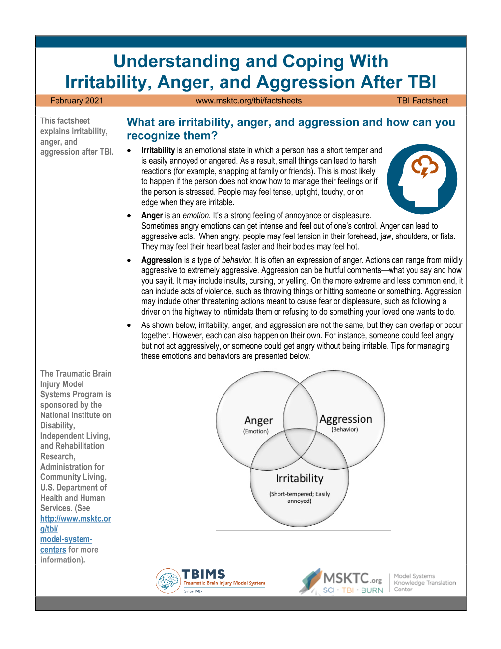 Understanding and Coping with Irritability, Anger, and Aggression After TBI February 2021 TBI Factsheet