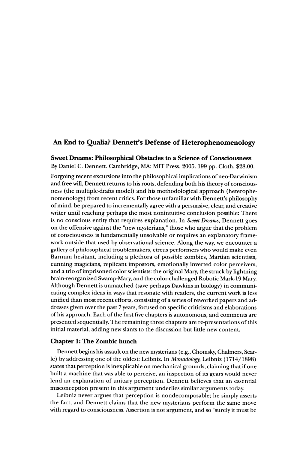 Review: an End to Qualia? Dennett's Defense of Heterophenomenology